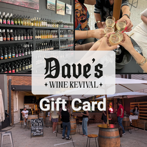 Dave's Wine Revival Gift Card image with wine-wall, happy customers and an exterior scene
