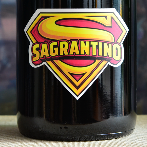Close up of 2020 Gerler Sagrantino front label; "Super Sagrantino", for its super taste.