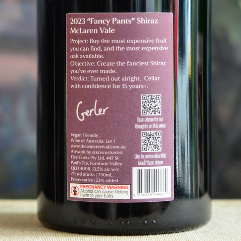 Back label of 2023 Gerler "Fancy Pants" Shiraz - Premium McLaren Vale (Australian) Shiraz