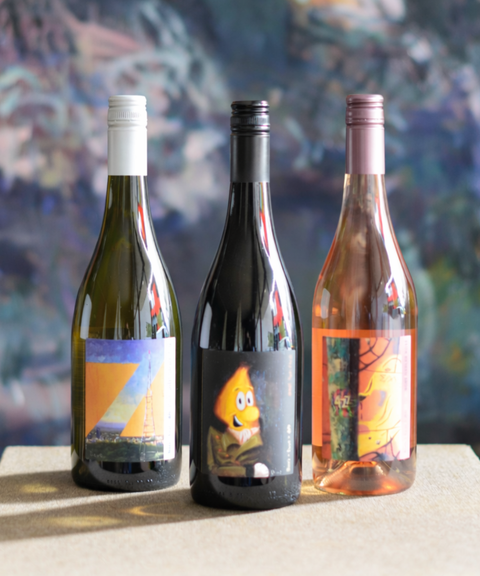 Commemorative 4ZZZ 3 pack wine fundraiser, with artwork from Dave Whitfield, feat. 2024 Gerler Vermentino, 2025 Gerler Rosé and 2023 Nero d'Avola.