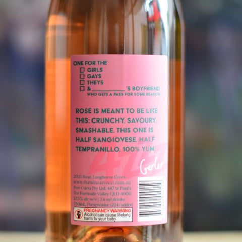 Close up of back label of 4ZZZ Fundraiser 2025 Gerler Rosé