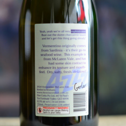 Close up of back label of 4ZZZ fundraiser 2024 Gerler Vermentino bottle. Dry, salty, fresh, delicious.