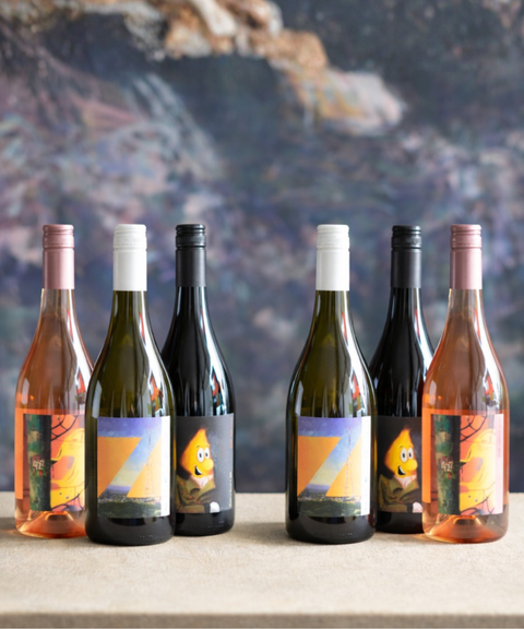 4ZZZ commemorative fundraising 6 pack, 2 bottles each of 2024 Gerler Vermentino, 2025 Gerler Rose and 2023 Gerler Nero d'Avola, featuring three special edition labels from 4ZZZ (label art by Dave Whitfield). 