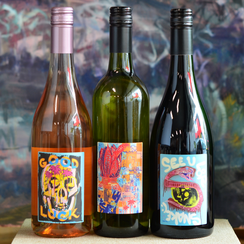 Three bottle collectors pack of Lucks' Special Edition wine, featuring art from Lucky Lucks.  