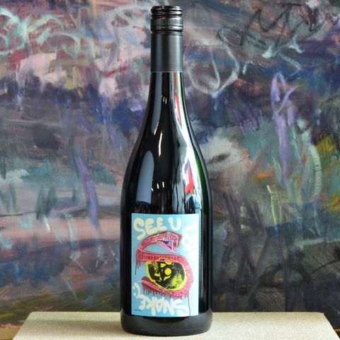 Bottle shot of Limited Edition Lucks Artwork 2023 Gerler GSM - SEE U L8R SNAKE with snake and skull. 
