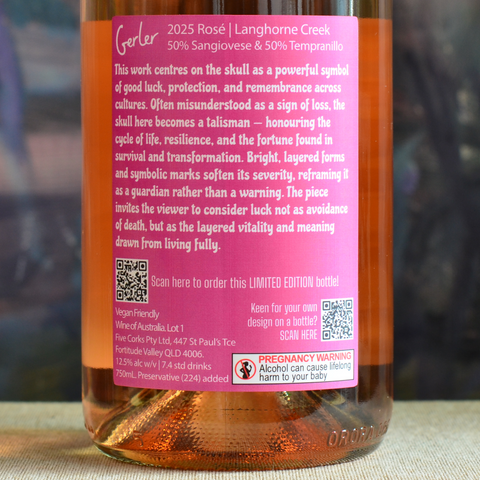 Back label of special edition 2025 Gerler Rosé with label art by Lucks, with words from the artist on the meaning of the front label piece with skull as a talisman, honouring the cycle of life, resilience and fortune found in survival and transformation.