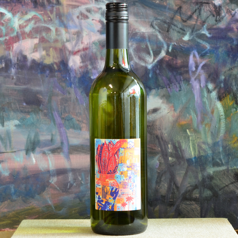 Bottle shot of special edition 2024 Brill Sauv Blanc with label art by Lucky Lucks.