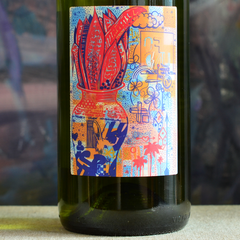 Front label close up of special edition 2024 Brill Sauvignon Blanc, with artwork by artist Lucky Lucks. Artwork features mother's tongue (plant) and various symbolic expressions of luck, in all its forms.